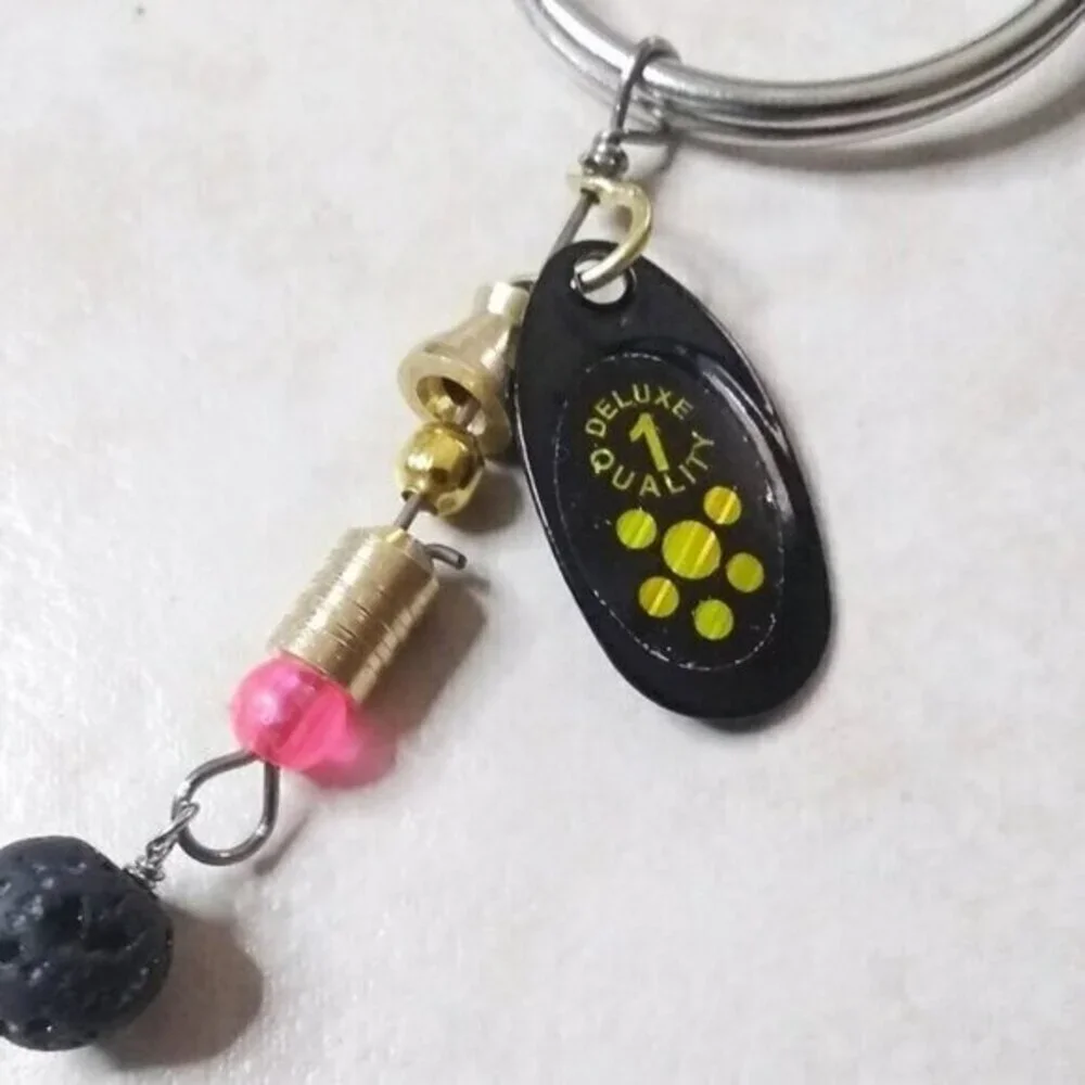 #1 Dad Gift! Fishing Lure Key Chain - Black Onyx + Metal Spoon Lure Key Ring!